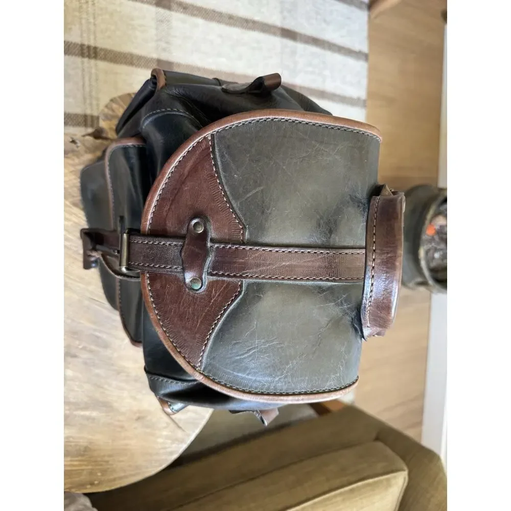 Vintage Leather Handmade Backpack Cinch Top Brown Green Gray